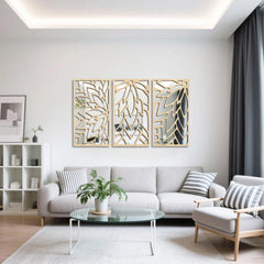 3Pcs 2D 16in Wooden Acrylic Double-Layer Wall Mirror Hollow Leaf Design Refined Lifestyle Artistic Home Decorative Mirror