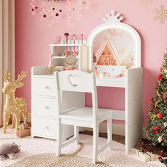 Kids Vanity Desk with Mirror and Lights, White Princess Wooden Makeup, Storage Shelves and Drawers, 2-in-1 Girls Dressing Table Bedroom Furniture