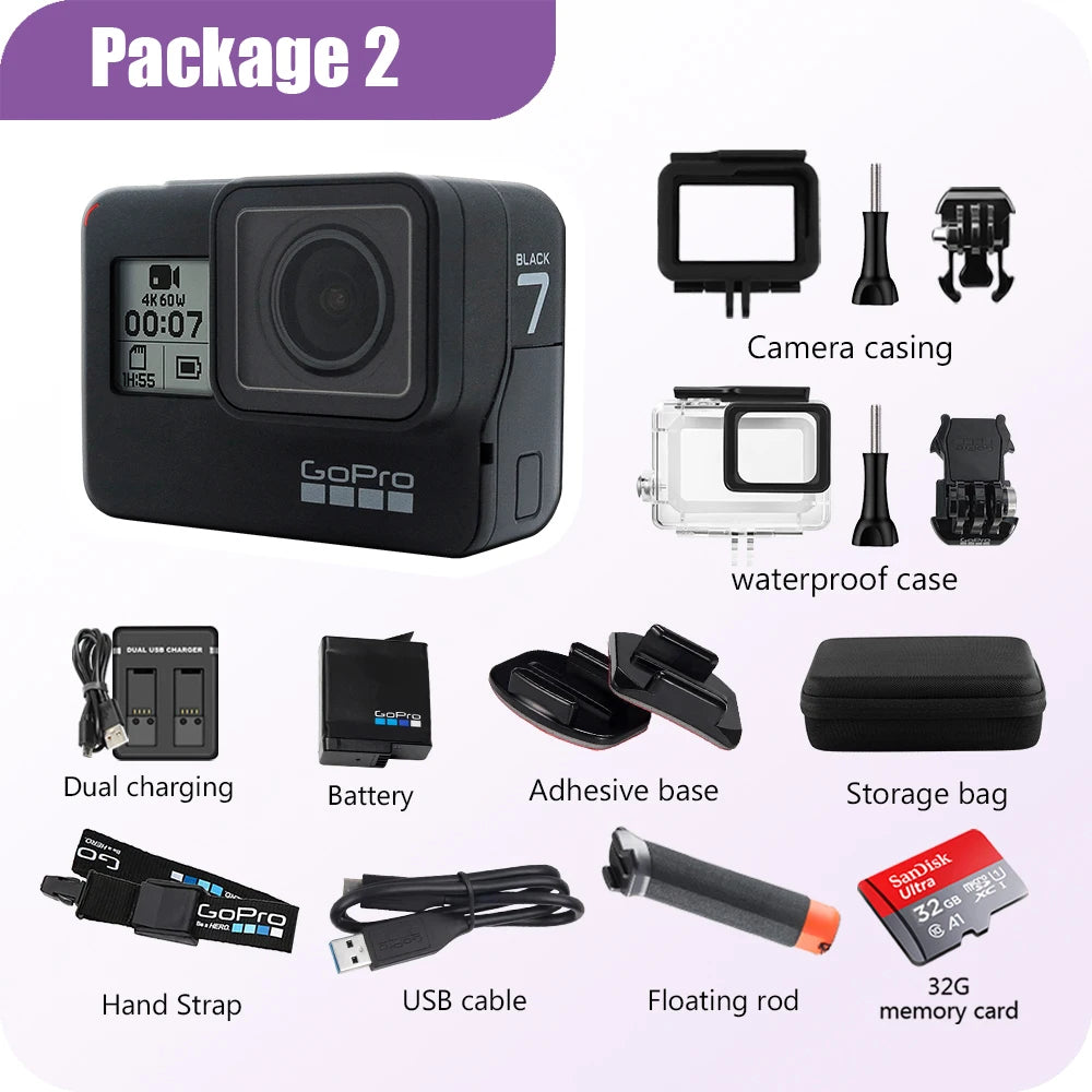 GoPro Hero 7 Black  Special Bundle Action Camera Go Pro Hero7 Sport camera  12MP Photo Live Streaming Cam 4K 60fps 1080P 240fps