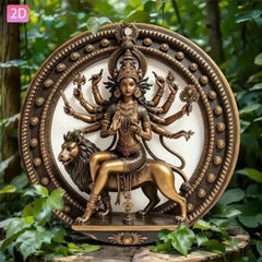 Hindu Goddess Durga Vintage Aluminum Wall Art Plaque - Golden & Black Lion Mount Indian Deity Home Decor
