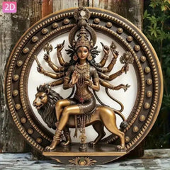 Hindu Goddess Durga Vintage Aluminum Wall Art Plaque - Golden & Black Lion Mount Indian Deity Home Decor