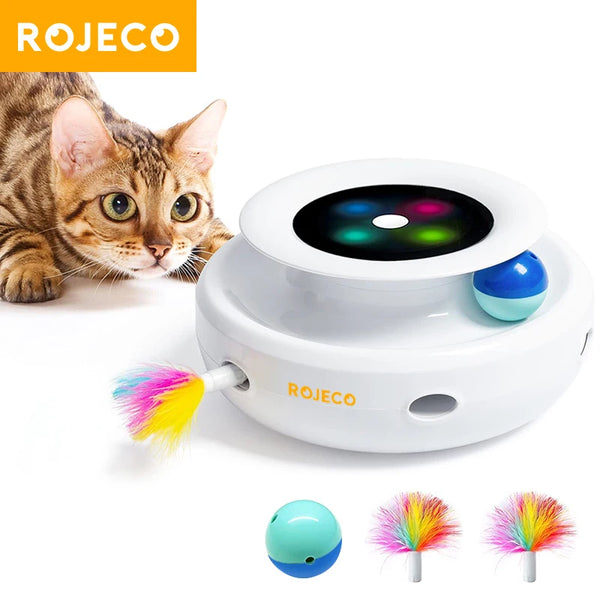 ROJECO 2 in 1 Smart Cat Toys Automatic Feather Fun Ball Toy Set For Cat Dog 5 Modes Electronic Interactive Pet Toy Accessories Pet Shop
