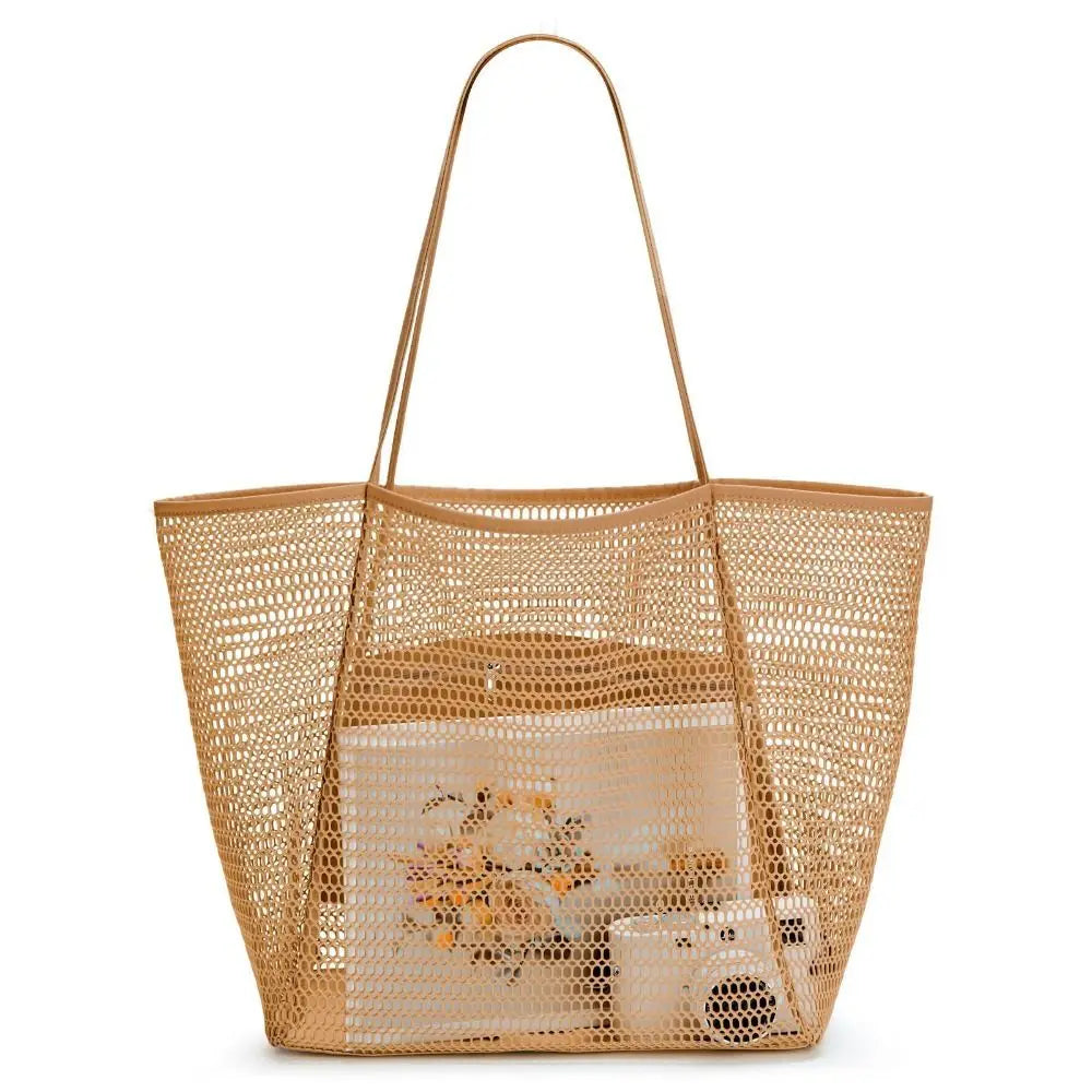 1pcs Foldable Beach Bag with Mesh Net, Mesh Bag, Women's Shoulder Bag, Essential for Outdoor Travel and Leisure Activities