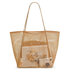 1pcs Foldable Beach Bag with Mesh Net, Mesh Bag, Women's Shoulder Bag, Essential for Outdoor Travel and Leisure Activities