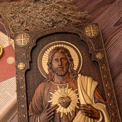 High Quality Religious Wooden Sacred Heart of Jesus Catholic Statue Plaque Wall Decor
