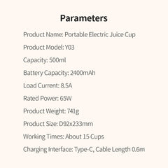 500ml Portable 2400mAh Wireless Fruit Mixers USB juicer Fresh Juice Bottle Blender Plus 6 Blades Food Milkshake Ice Crush Cup