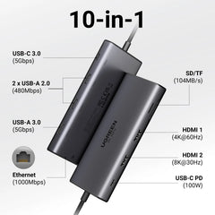 UGREEN Dual HDMI USB-C HUB 8K 4K HDMI Adapter 10 in 1 Splitter with RJ45 USB3.0 PD 100W Dock for MacBook Pro Air Laptop USB HUB