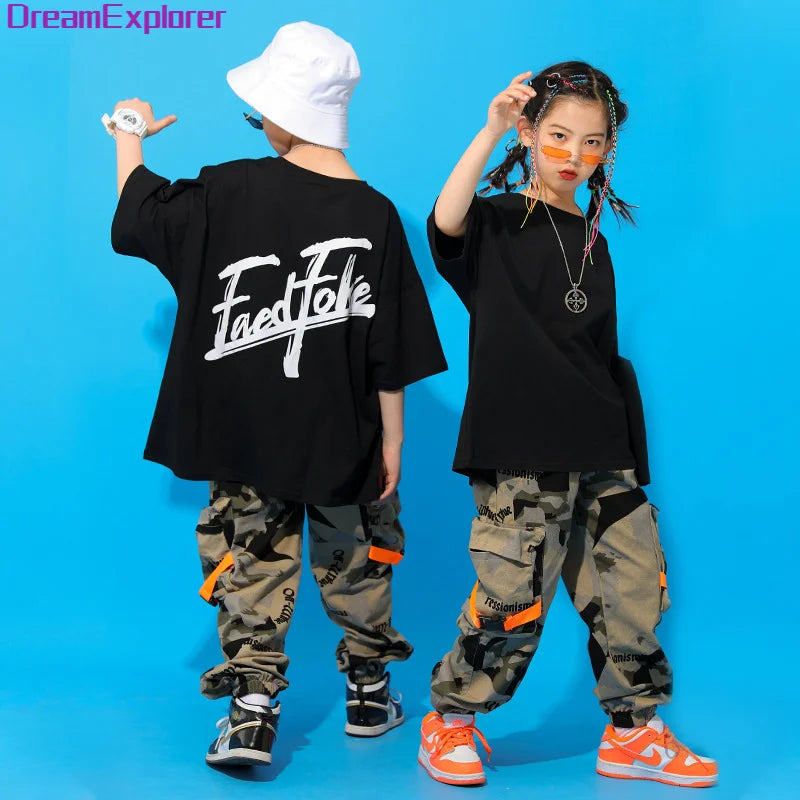Boys Hip Hop Top Girls Camouflage Cargo Pant Outfits Child Military Jogger Street Dance Kids Streetwear Costumes Teen Sport Wear