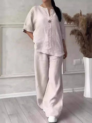 Women’s Cotton Linen 2-Piece Set – Blouse & Wide Leg Pants