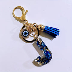Blue Resin Initial Keychain - Evil Eye Letter Charm with Rhinestones & Tassel, Stylish Gift for Women, Lobster Clasp Accessory