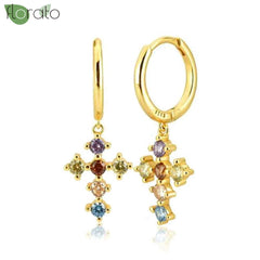 925 Sterling Silver Needle Fashion Cross Pendant Hoop Earrings for Women Vintage Gold Color Small Earrings Luxury Jewelry Gifts