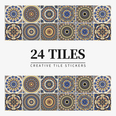 24 pieces of Mandala Retro Pattern Glossy Self-adhesive Tile Stickers for Kitchen and Bathroom Removable Waterproof Wall Sticker Home Decor