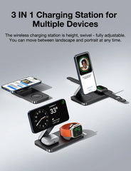 Magnetic 3 in 1 Fast Wireless Charger Stand Foldable Charging Station For iPhone 16 15 14 13 12 Apple Watch 9 8 7 6 Airpods Pro