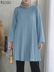 ZANZEA O Neck Islamic Hijab Abaya Blusas Solid Raglan Sleeves Casual 2024 Fall Long Tops Women Pleated Muslim Fashion Blouses