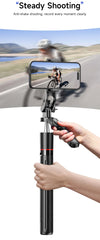 MEUYAG Selfie Stick Tripod with 1708mm Long Monopod Fill Light, Bluetooth Remote, 360° Rotation, 1/4 Interface, for mobile phone