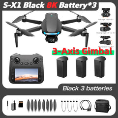 S-X1 MAX GPS Drone with 3-Axis Gimbal 5000m FPV 8K/4K HD Camera with LCD RC Screen 3 Batteries Professional RC Quadcopter Gifts