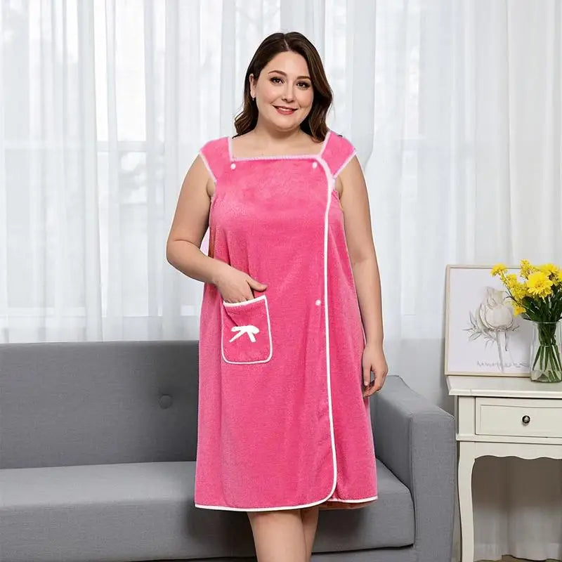 1 Pcs Women's Plus Size Wearable Bath Towel-Cute Bow Soft Shower Skirt for Women-Adjustable Bath Robe with Pocket for Home an