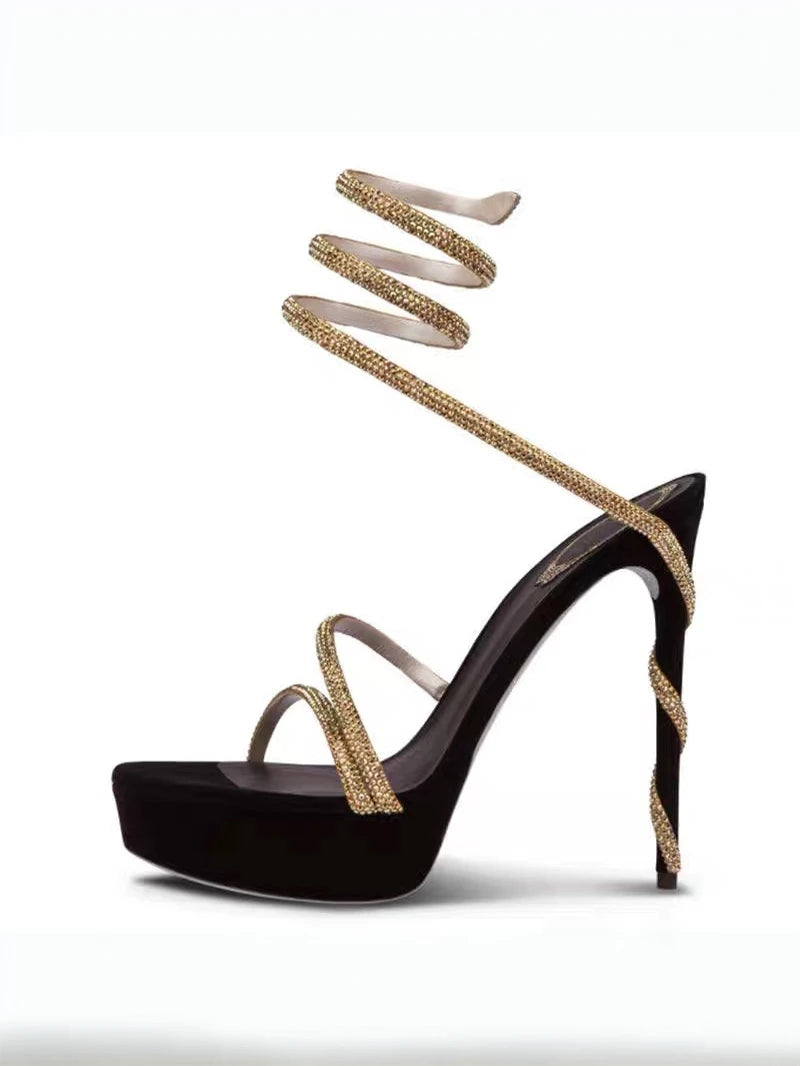 Shoes Summer New Water Diamond Serpentine Wrapped Sandals for Women with One Belt Thick Bottom Waterproof Platform High Heels