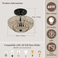 3-Light Modern Ceiling Mount Light with Scalloped Amber Glass Shade Semi Flush Mount Ceiling Lighting （Bulb not included）