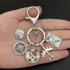 New ideas Earth plane keychain pendant earth compass personality memorial key ring gift for travel lovers