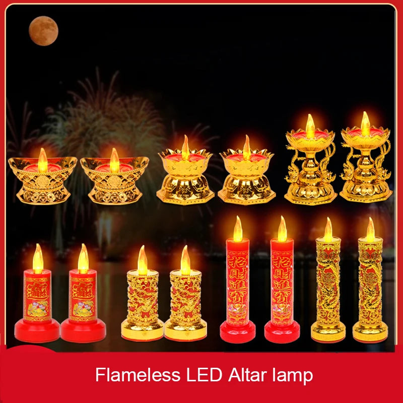 Pair Electric Thailand Candle & Candlestick 2AAA RICH Wealth Eternal Lamp Butter lamp For Buddhism Festival  Chinese New Year Home Decor