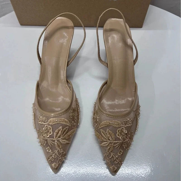 Women's Mesh Floral Embroidered Slingback High Heels Female Open Heel Pearl Studded Pointed Toe Sandals Sexy Stiletto Lady Shoes