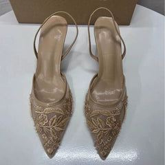 Women's Mesh Floral Embroidered Slingback High Heels Female Open Heel Pearl Studded Pointed Toe Sandals Sexy Stiletto Lady Shoes