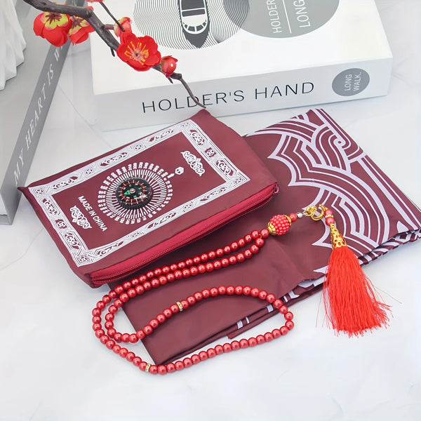1-Set Islamic Prayer Mat & Bead Set with Small Bag - Portable Ramadan Prayer Suitable, Travel - Islamic Gift for Muslim Weddings