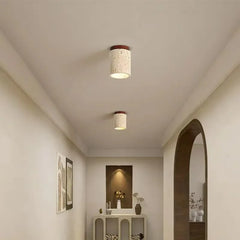 Yellow Travertine LED Ceiling Lamp Japanese Wooden Downlight round Wood Light for Living Room Corridor Porch Balcony