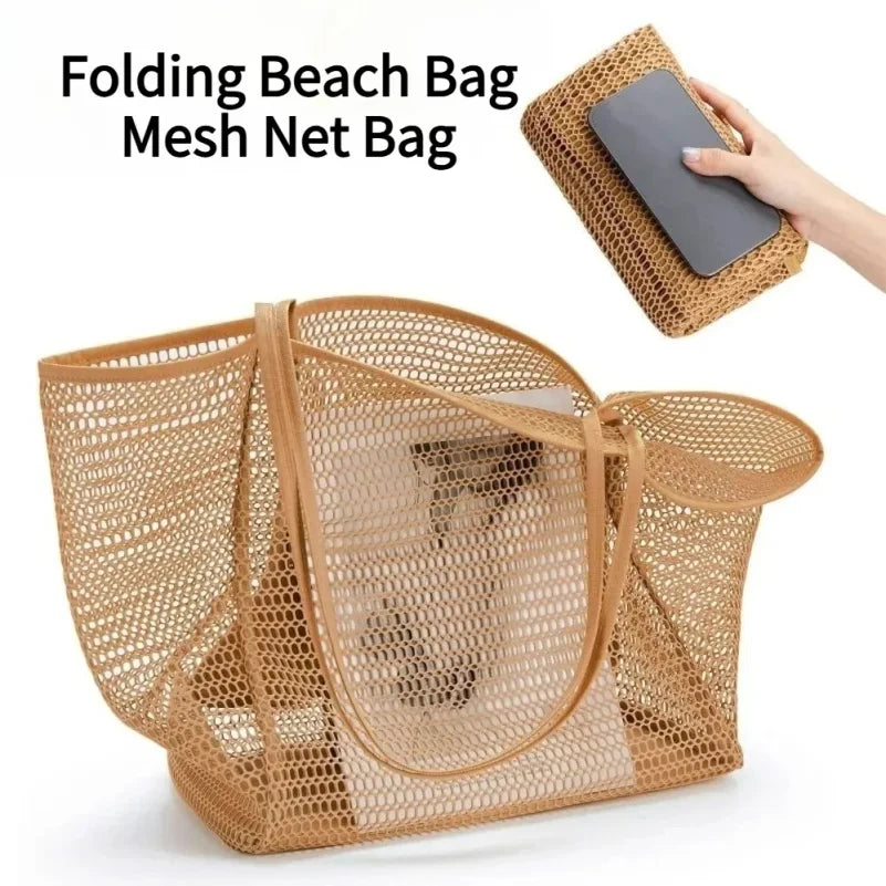 1pcs Foldable Beach Bag with Mesh Net, Mesh Bag, Women's Shoulder Bag, Essential for Outdoor Travel and Leisure Activities