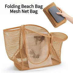 1pcs Foldable Beach Bag with Mesh Net, Mesh Bag, Women's Shoulder Bag, Essential for Outdoor Travel and Leisure Activities