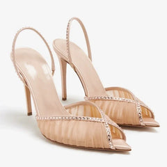 Summer new pointed fish mouth lace mesh rhinestone rivet wedding shoes thin high-heeled banquet dress large size women's sandals Heels