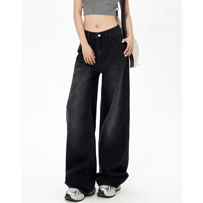 Lady Retro Black Gray High Waist Jeans Pants Women Fashion Straight Leg Denim Trousers Girls Loose Fit Thin Casual Pants
