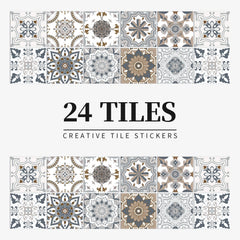 24 pieces of Mandala Retro Pattern Glossy Self-adhesive Tile Stickers for Kitchen and Bathroom Removable Waterproof Wall Sticker Home Decor