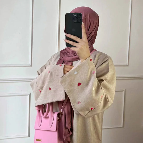 Heart Embroidery Thin Linen Open Abaya Kimono Muslim Dress Abayas for Women Dubai Luxury Turkey Ramadan Eid Islam Clothes Kaftan