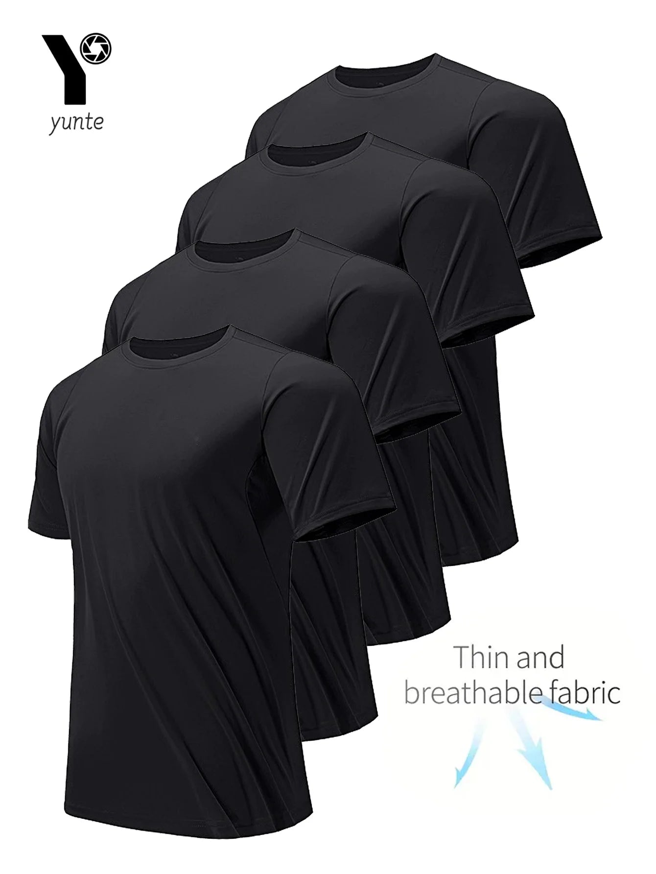 Men’s 4-Pack Black Quick-Dry Round Neck T-Shirts – Fitness & Gym