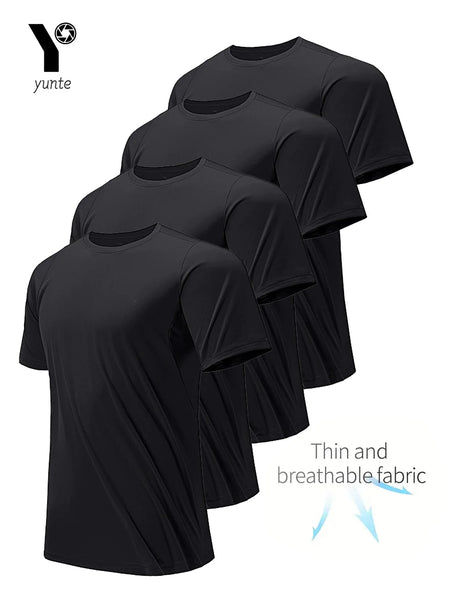 Men’s 4-Pack Black Quick-Dry Round Neck T-Shirts – Fitness & Gym