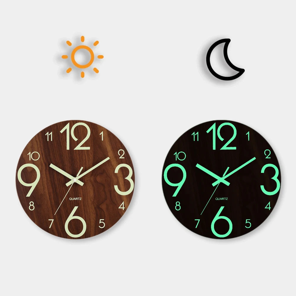 12 Inch Luminous Wall Clock Wood Silent light in dark night Nordic Fashion Wall Clock Non Ticking Clock With Night Light Home Decor