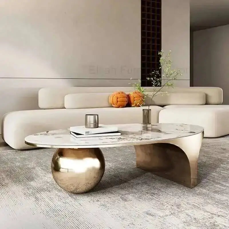 Nordic Oval Coffee Table Marble Top Luxury Design Metal Frame Legs Coffee Cabinet Living Room Floor Mueble Living Room Furniture