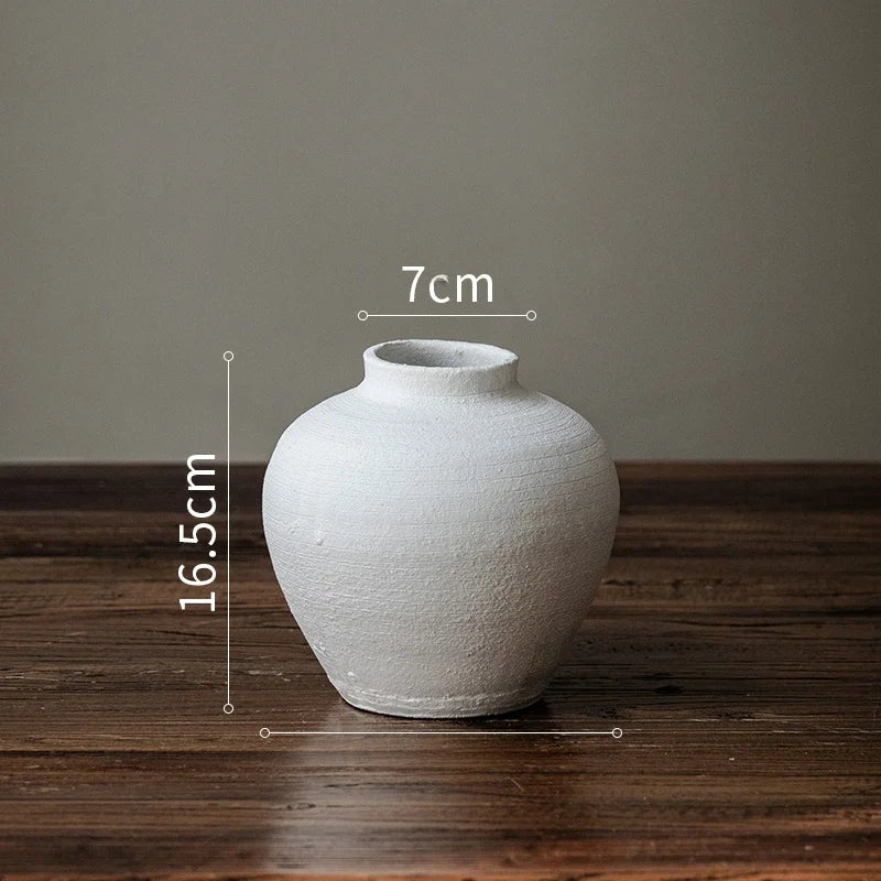 Large Size White Thick Earthenware Flower Vase Ceramic Imitation Living Room Floor Standing Moon Clay Pot Vintage Flower Holder