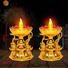 Pair Electric Thailand Candle & Candlestick 2AAA RICH Wealth Eternal Lamp Butter lamp For Buddhism Festival  Chinese New Year Home Decor