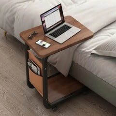 1pc Brown Rolling Side Table with Storage Bag - Solid Wood Table, C-Shaped Desk for Sofa and Bedside, Metal Frame Bedroom Furniture