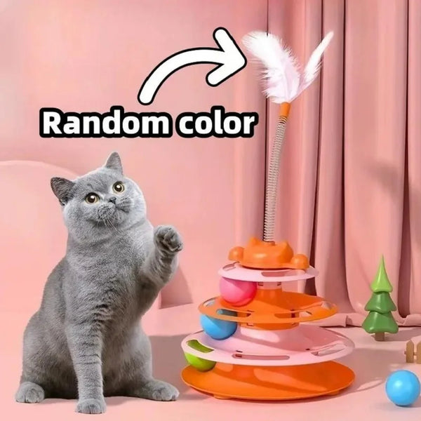 4-Layers Feather Cat Turntable with Fun Toy Ball and Playing Stick Interactive Cat Toy Tower Kitten Turntable Track Roller Balls Pet Shop