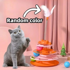 4-Layers Feather Cat Turntable with Fun Toy Ball and Playing Stick Interactive Cat Toy Tower Kitten Turntable Track Roller Balls Pet Shop