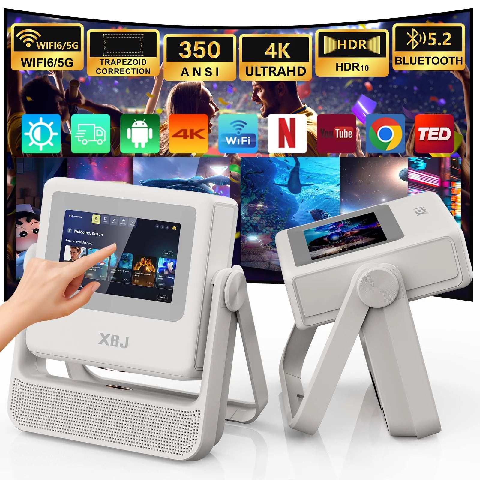 XBJ Smart Touch Screen Portable Projector Support 4K Wifi 6 Bluetooth Auto Focus Compatible with phone/ TVStick/pc/IndoorOutdoor
