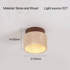 Yellow Travertine LED Ceiling Lamp Japanese Wooden Downlight round Wood Light for Living Room Corridor Porch Balcony