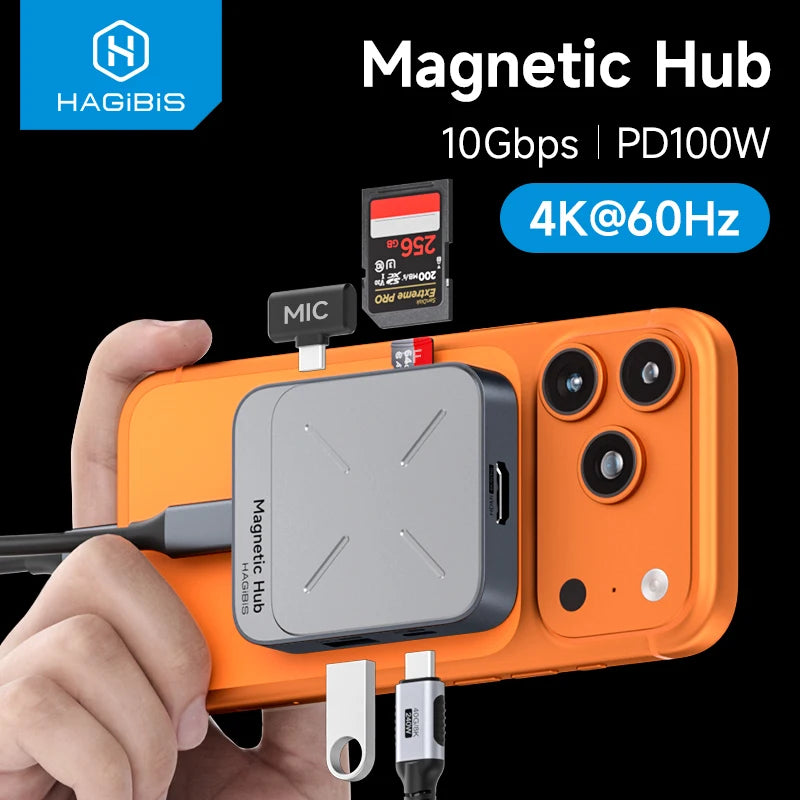 Hagibis Magnetic USB C Hub Type-C Multiport Adapter Docking Station 4K HDMI 100W PD For Macbook iPhone 17/16 Pro Thunderbolt 4