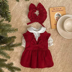 Puppy Bow Knot Dress Set Winter Warm Dog Clothes Pet Christmas Princess Dress Teddy Solid Color Skirt Send Clip Pet Shop Pet Clothing