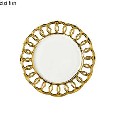Gold Plated Hollow Out Ceramic Plate Steak Plate Dessert Snack Plate Fruit Salad Plates Service Plates Restaurant Tableware