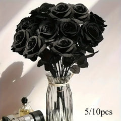 5/10pcs Artificial Black Roses for Home Decor, Long Stem Fake Flowers No Vase, Wedding Halloween Party Table Centerpiece